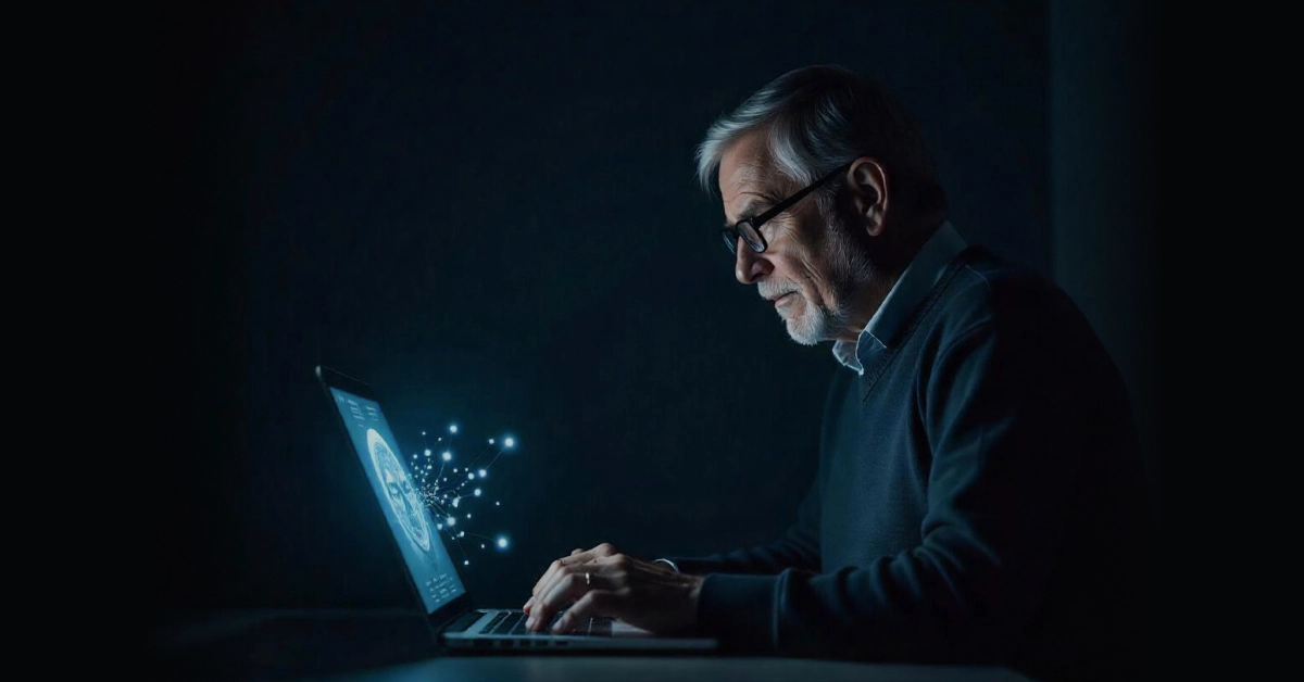 An older man with glasses sits in a dimly lit room, typing on a laptop. The screen emits a blue glow and small digital particles, hinting at futuristic AI-powered virtual agents. He appears focused and intrigued by the unfolding possibilities. VoiceDrop Ringless Voicemails