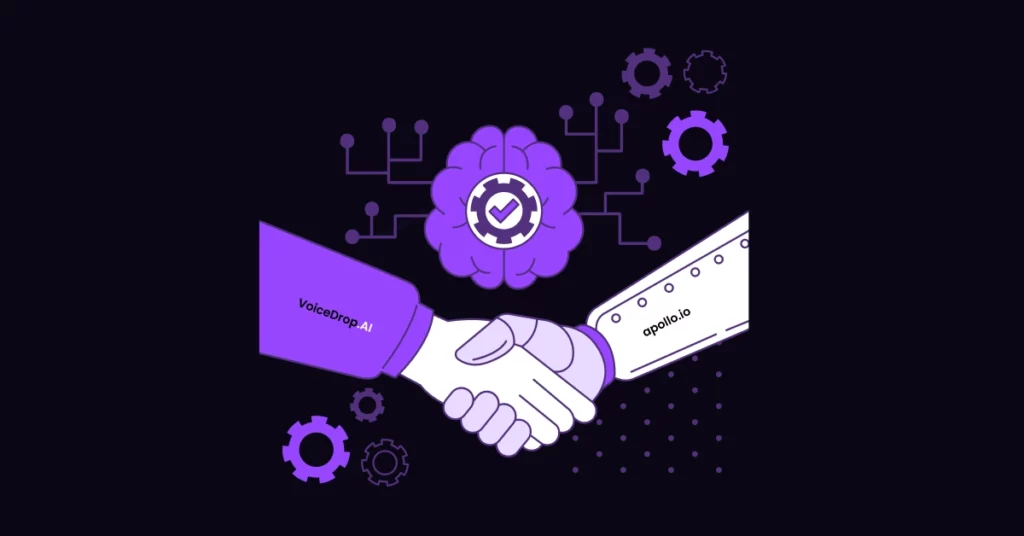 Illustration of two hands shaking-one labeled VoiceDrop and the other Apollo.io-with a check-mark brain, gears, and circuit lines in the background, symbolizing AI-powered B2B outreach and collaboration. VoiceDrop Ringless Voicemails