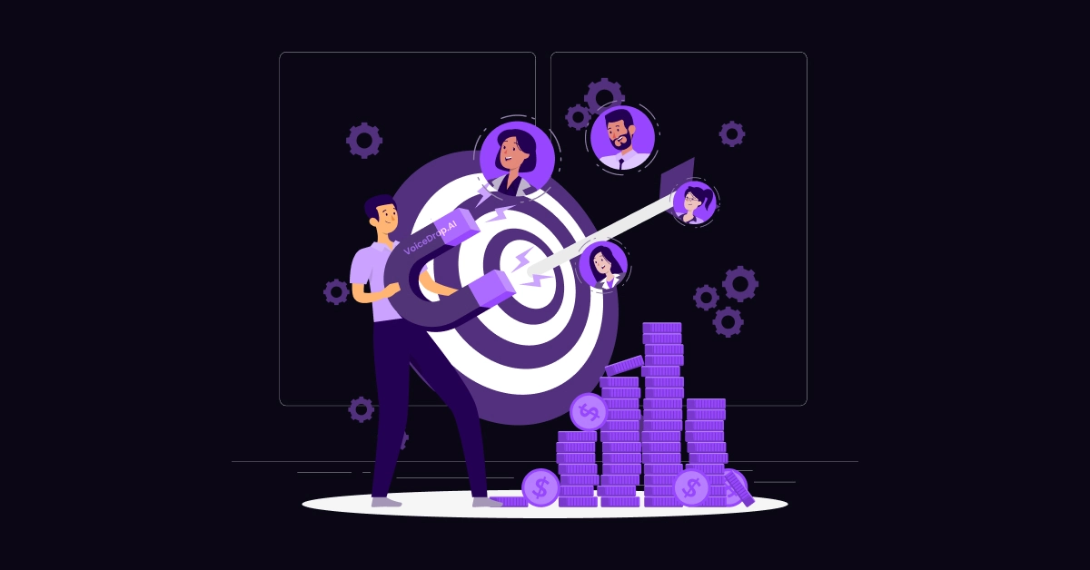 Illustration of a person holding a large dart, aiming at a bullseye surrounded by profile images, with stacks of coins and dollar bills nearby, representing B2B outreach or targeting specific audiences on platforms like Apollo.io. VoiceDrop Ringless Voicemails