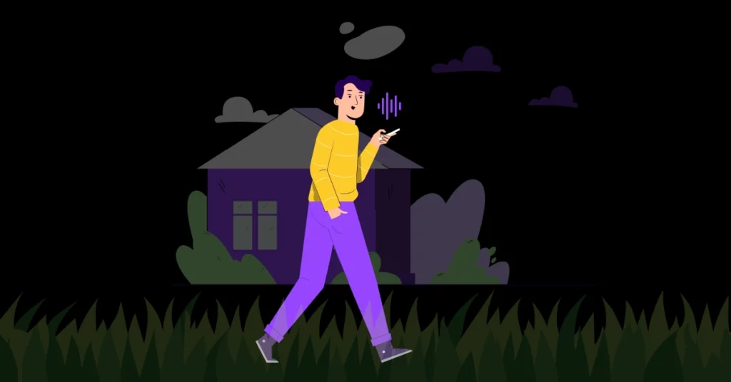 Illustration of a person with purple hair, wearing a yellow sweater and purple pants, walking outside at night past a dark house, holding a smartphone with sound wave icons-exploring cold calling alternatives. VoiceDrop Ringless Voicemails