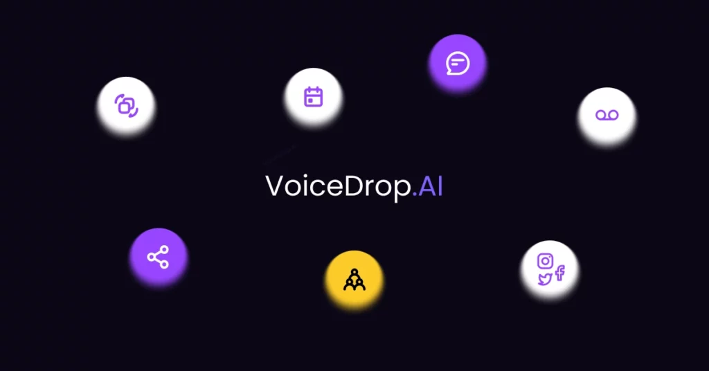 Logo for VoiceDrop.AI is centered on a dark background, surrounded by six circular icons-link, calendar, chat, voicemail, share, organization chart (yellow), and social media-symbolizing innovative cold calling alternatives in purple and white tones. VoiceDrop Ringless Voicemails