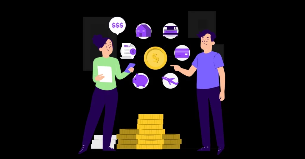 Illustration of a woman and man discussing finances with money icons, bills, charts, and stacked coins, representing budgeting, financial planning, or how to grow commercial lending through effective strategies. VoiceDrop Ringless Voicemails