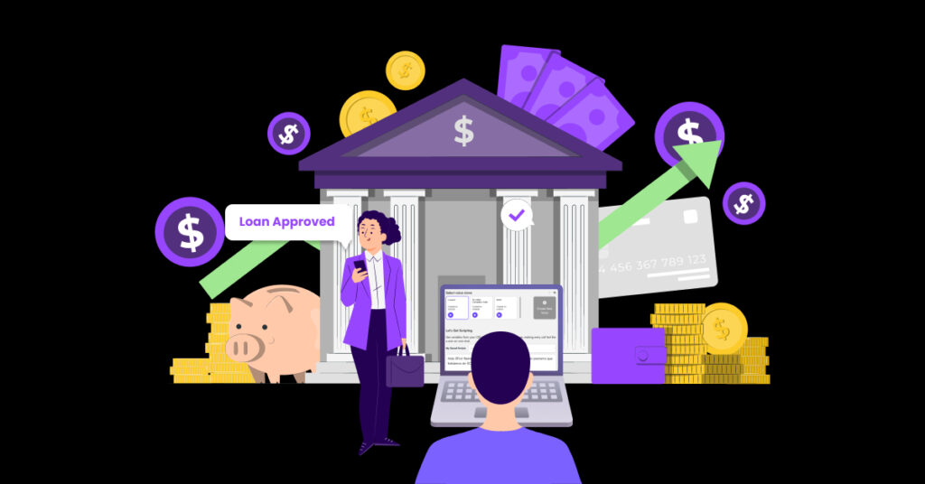 Illustration of a bank building, coins, bills, credit cards, and a piggy bank. A woman with a Loan Approved message stands nearby; a person uses a laptop to generate commercial loan leads. Arrows indicate financial growth. VoiceDrop Ringless Voicemails