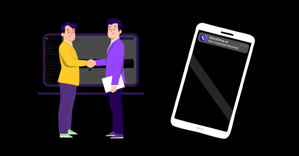 Illustration of two men shaking hands in front of a computer screen, while a smartphone on the right shows a notification from Voicemap.ai about new high-quality loan leads received. VoiceDrop Ringless Voicemails