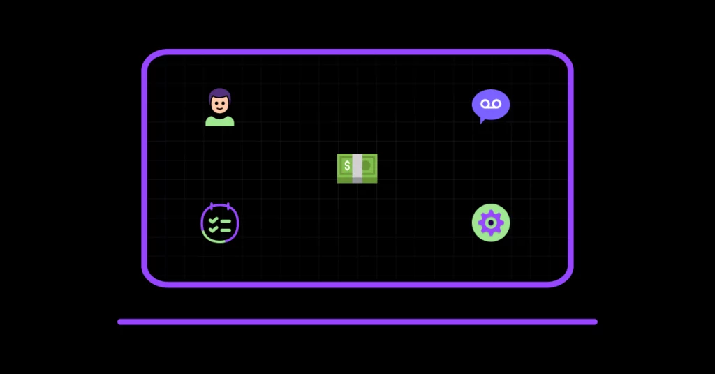 A purple-outlined laptop screen displays icons-a person, a chatbot, a dollar bill, a check mark in a circle, and a gear-on a dark grid background, symbolizing tools to generate commercial loan leads efficiently. VoiceDrop Ringless Voicemails