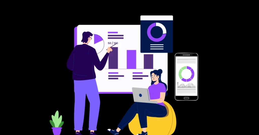 Two people analyzing charts and graphs; one stands pointing at a bar graph on a whiteboard, while the other sits on a bean bag with a laptop-sharing Election Marketing Tips shown on mobile and floating screens. VoiceDrop Ringless Voicemails