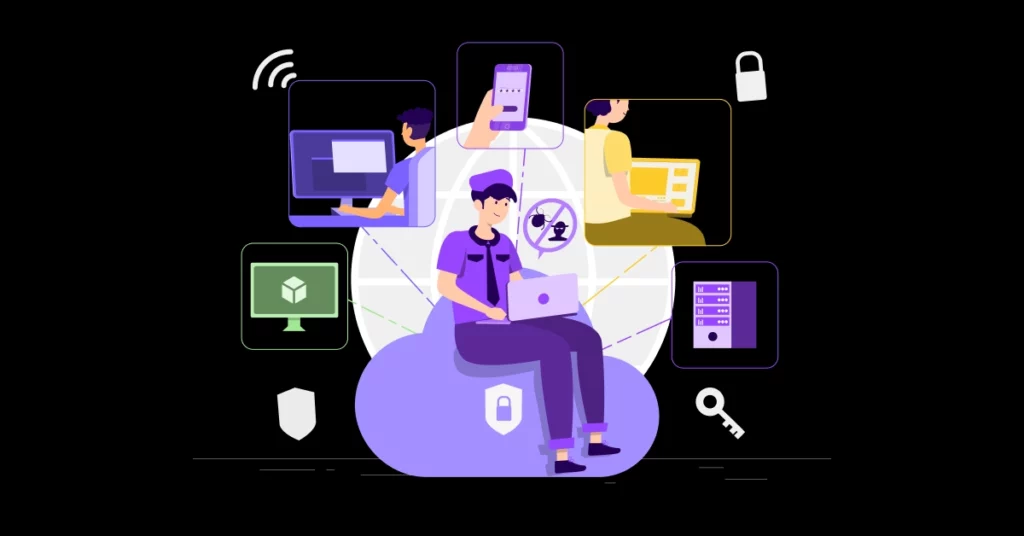 Illustration of a person sitting on a cloud with a laptop, surrounded by digital security icons and people using devices, representing online security, connectivity, and the importance of Election Marketing Tips in the digital age. VoiceDrop Ringless Voicemails