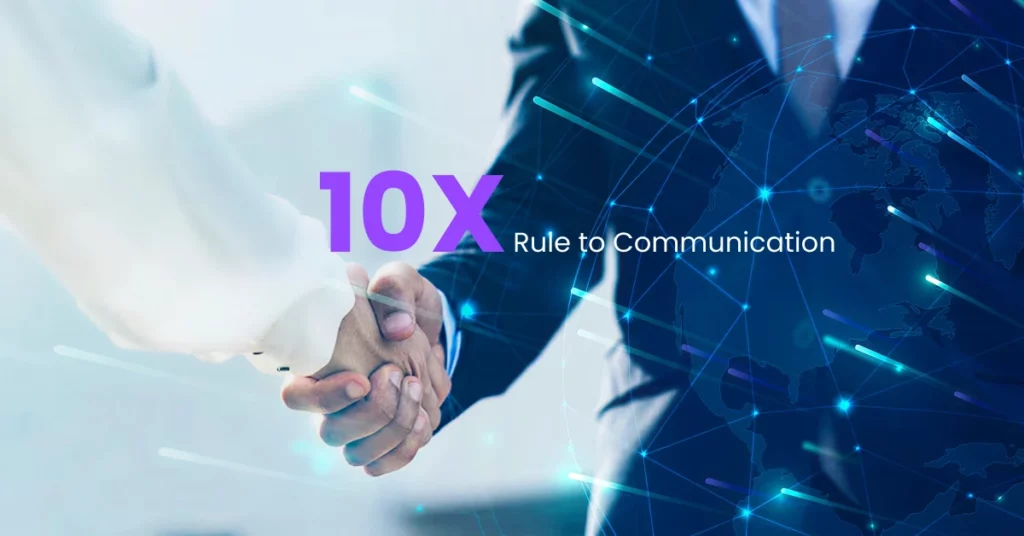 Two people in business attire shake hands, with digital network graphics and a faint world map overlay. Text reads 10X Rule to Communication in a modern font. VoiceDrop Ringless Voicemails