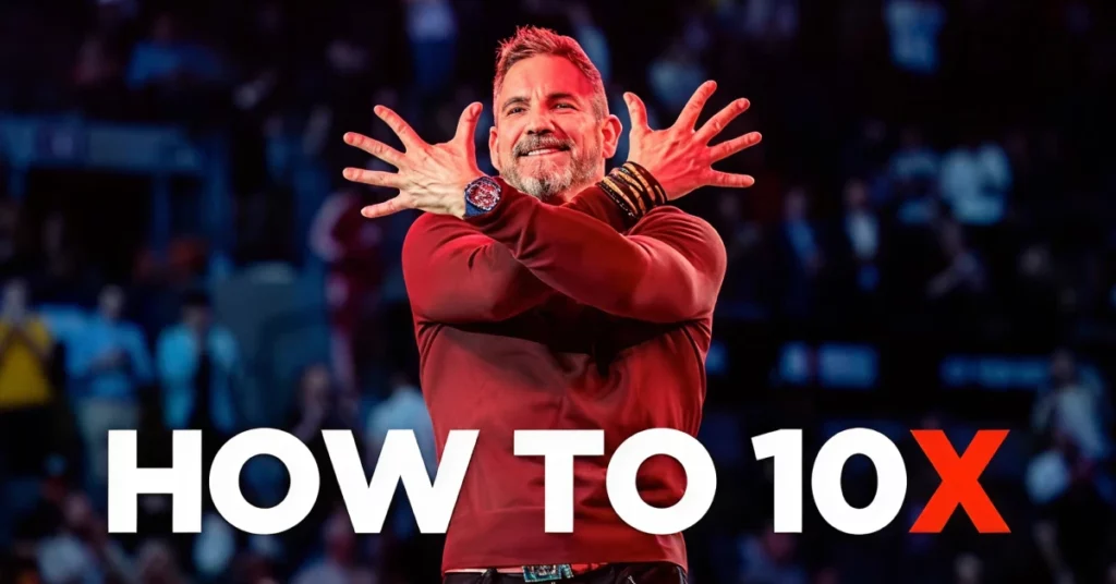 A man in a red shirt stands on stage with his arms crossed in front of him, hands spread wide. The words HOW TO 10X are written boldly at the bottom, with the X in red. The background shows a blurred audience. VoiceDrop Ringless Voicemails