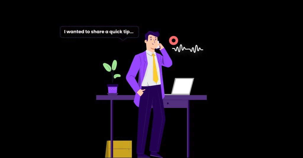 An illustrated man in a purple suit stands by a desk with a laptop and potted plant, speaking on the phone. A speech bubble says, I wanted to share a quick tip to increase callback rates... and there’s a brief audio waveform. VoiceDrop Ringless Voicemails