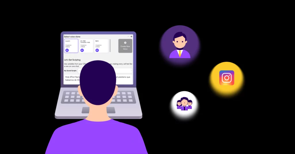 An illustration of a person using a laptop with three floating icons-a male avatar, an Instagram logo, and a group icon-on a black background, symbolizing how to increase callback rates in sales through effective online networking. VoiceDrop Ringless Voicemails