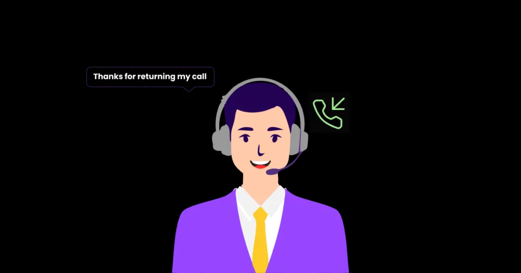 Illustration of a smiling customer service representative wearing a headset, dressed in a purple suit with a yellow tie. A speech bubble says, Thanks for returning my call, highlighting efforts to increase callback rates and boost sales. A green phone icon is beside him. VoiceDrop Ringless Voicemails