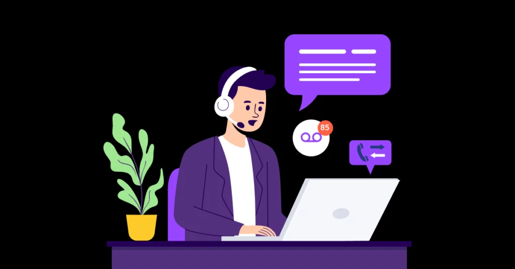 Illustration of a person with headphones and microphone sitting at a desk using a laptop, with a plant beside them and chat, notification, and message icons-perfect for showcasing the art of leaving effective sales voicemails. VoiceDrop Ringless Voicemails