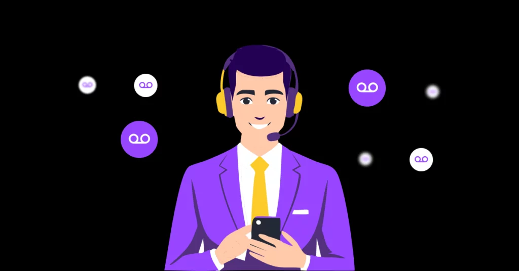 Illustration of a man in a purple suit and yellow tie wearing a headset, holding a smartphone. Purple icons for effective sales voicemails surround him on a black background. VoiceDrop Ringless Voicemails