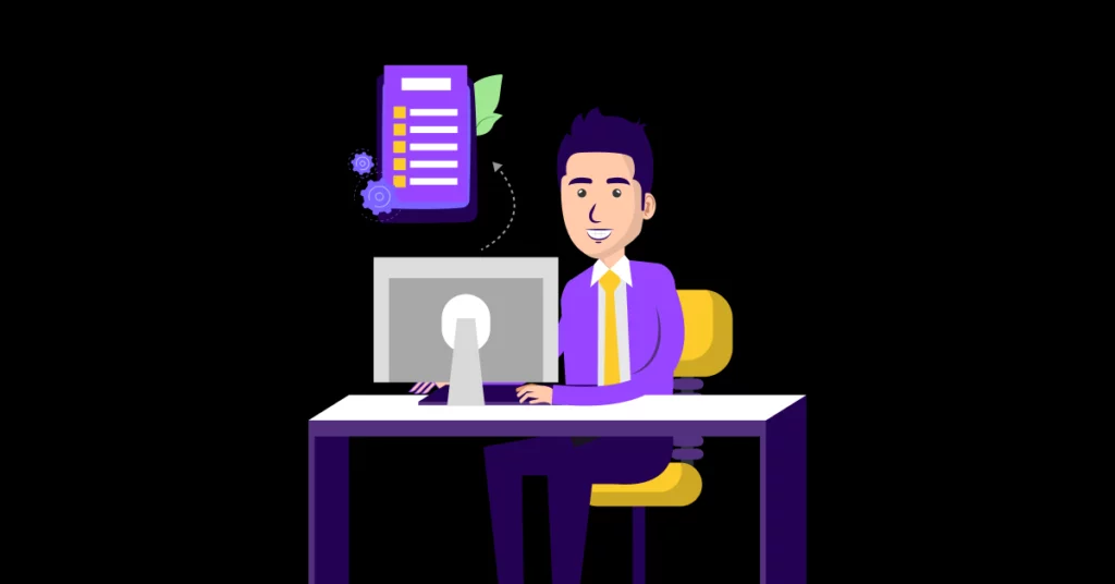 Illustration of a smiling man in a purple suit at a desk using a computer, with a checklist and gears icon floating above the monitor-perfect for representing effective sales voicemails on a sleek black background. VoiceDrop Ringless Voicemails