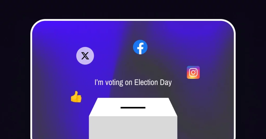 A ballot box with a slot is in the foreground. Above it are the logos for X, Facebook, and Instagram, a thumbs up emoji, and the text Im voting on Election Day-showcasing How to Win Over Voters on a blue-purple background. VoiceDrop Ringless Voicemails