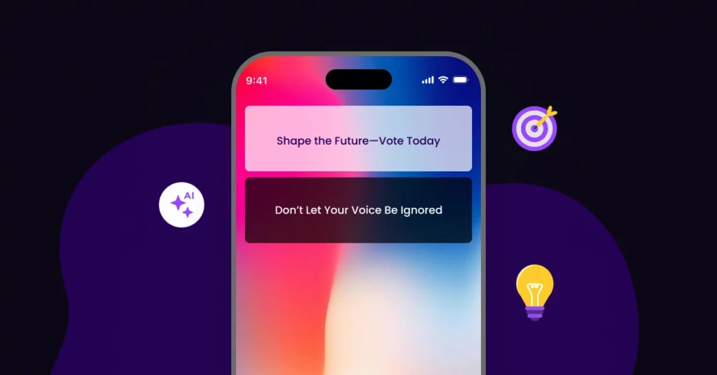 A smartphone screen displays notifications saying Shape the Future-Vote Today and Dont Let Your Voice Be Ignored. Icons of a target, lightbulb, and AI symbol in the background hint at How to Win Over Voters on a dark purple gradient. VoiceDrop Ringless Voicemails