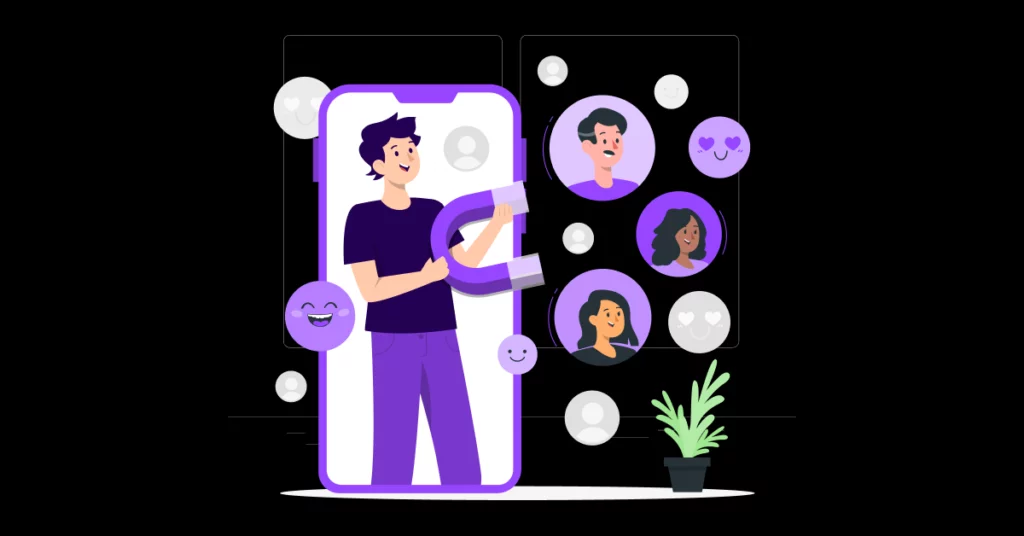 Illustration of a person standing in a smartphone frame holding a large horseshoe magnet, attracting cartoon profile pictures and emojis-symbolizing email personalization-with a small potted plant nearby on a black background. VoiceDrop Ringless Voicemails