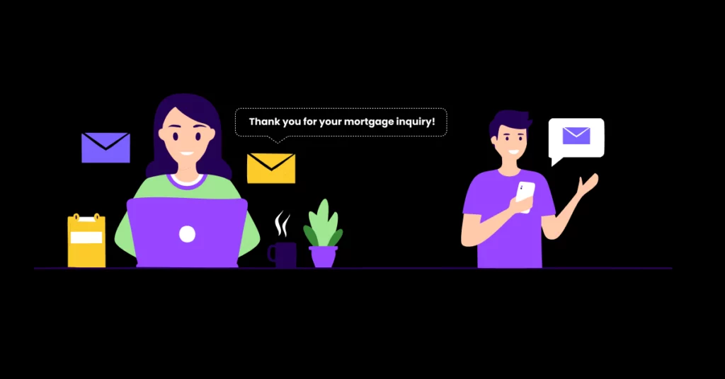 A woman at a laptop receives a message saying Thank you for your mortgage inquiry! while a man nearby checks his phone and receives a notification-illustrating how mortgage marketing drives mortgage company growth in a modern office setting. VoiceDrop Ringless Voicemails