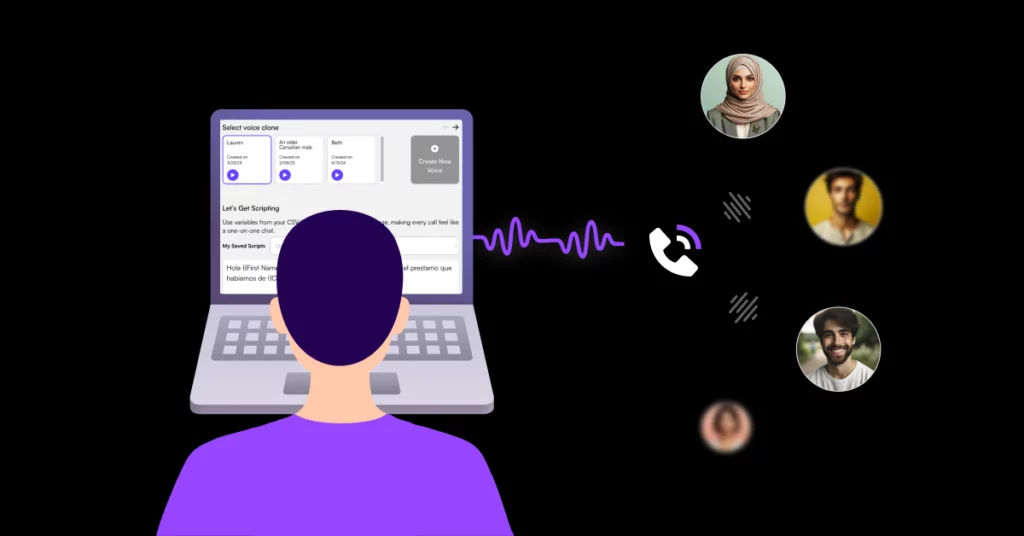 Illustration of a person at a laptop selecting a voice option. Sound waves and a phone icon connect the laptop to four floating profile photos, suggesting mortgage company growth through collaborative voice calls. VoiceDrop Ringless Voicemails