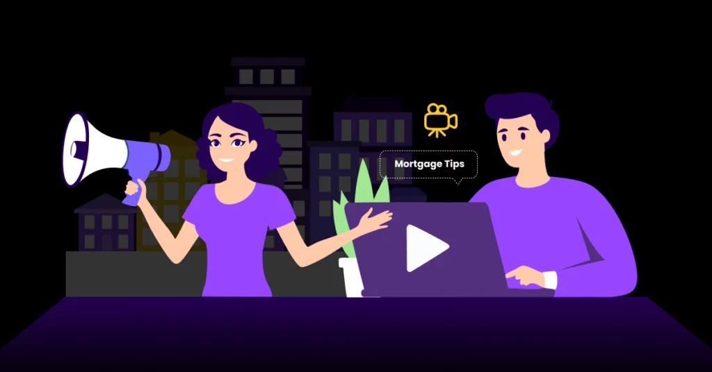 Illustration of a woman holding a megaphone and a man using a laptop with a Mortgage Tips notification, set against a cityscape background with dark colors and purple highlights-perfect for market mortgage company growth themes. VoiceDrop Ringless Voicemails