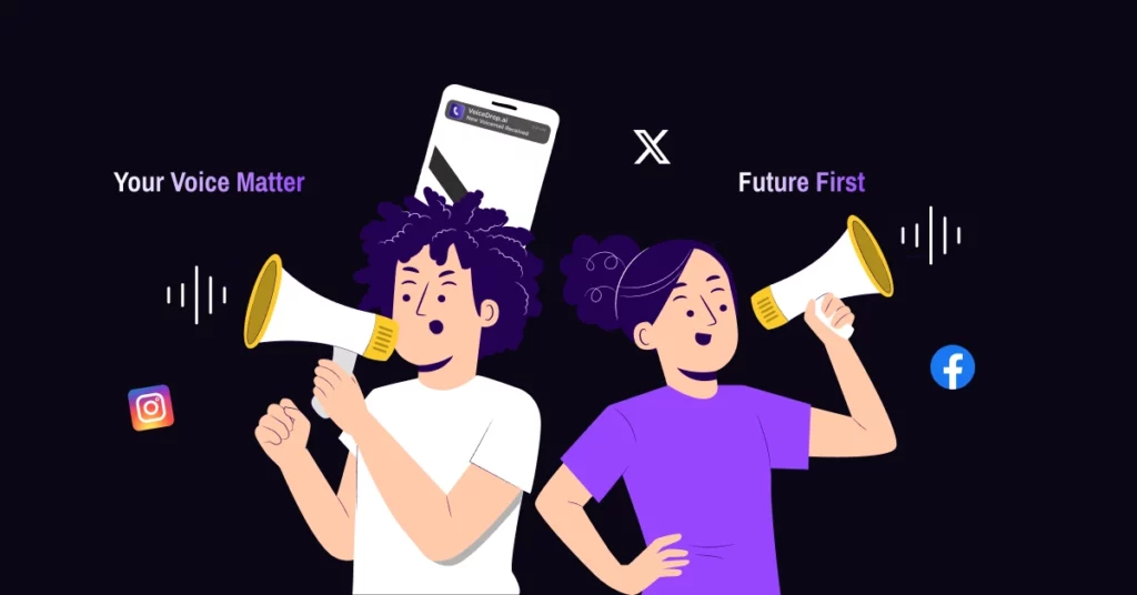 Two animated people hold megaphones, one with purple hair and a white shirt, the other with dark hair and a purple shirt. Social media icons and sound waves highlight Effective Political Marketing, with the text Your Voice Matters and Future First. VoiceDrop Ringless Voicemails