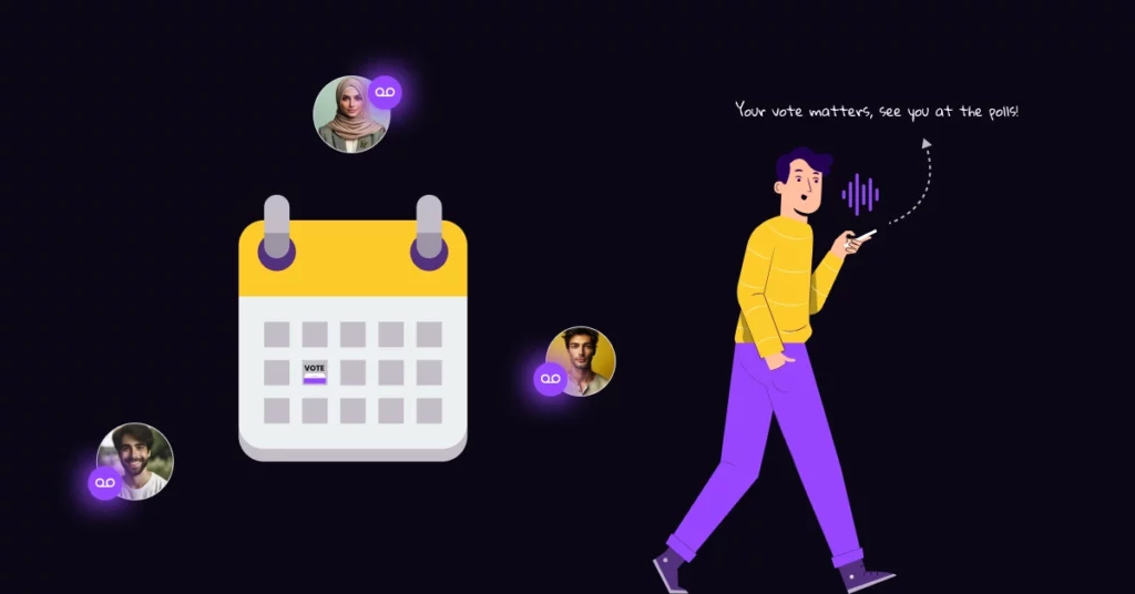 Illustration of a person walking and saying “Your vote matters, see you at the polls!” near a calendar marked VOTE and three profile photos, showcasing Effective Political Marketing on a dark background. VoiceDrop Ringless Voicemails