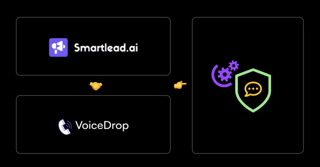 A graphic displays the Smartlead.ai logo above a handshake emoji, with the VoiceDrop logo below, illustrating seamless cold emails. An arrow points to a shield featuring chat, gear, and settings icons on a sleek black background. VoiceDrop Ringless Voicemails