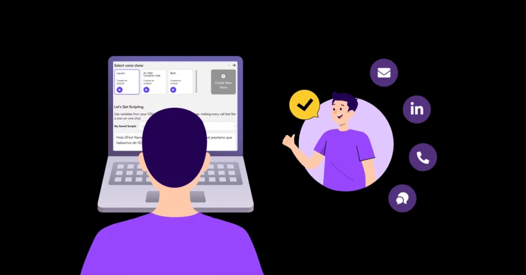 An illustration of a person using a laptop with messaging options on the screen, while icons for email, LinkedIn, phone, and headphones-key tools in telemarketing strategies-appear beside an avatar giving a thumbs up. VoiceDrop Ringless Voicemails