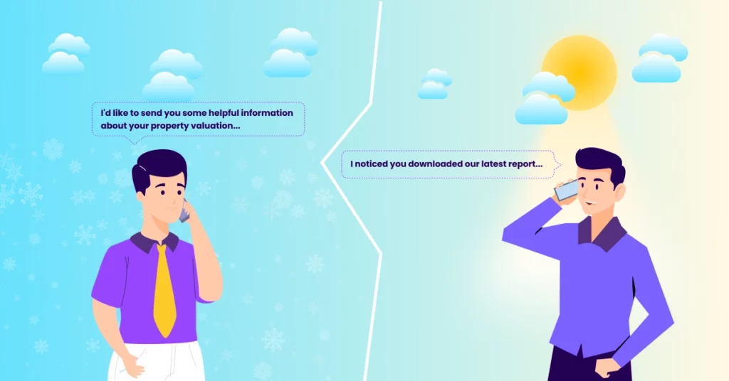 Split image: On the left, a man in cool colors and snowy weather says, Using effective telemarketing strategies, Id like to send you some helpful information about your property valuation.... On the right, the same man in warm colors and sunshine says, I noticed you downloaded our latest report.... VoiceDrop Ringless Voicemails