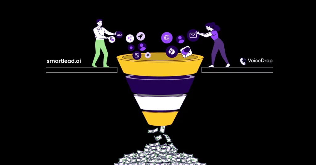 Illustration of two people placing digital icons and Cold Emails into a large funnel labeled “Smartlead.ai” and “VoiceDrop”; cash flows out of the funnel’s base onto a pile of money. VoiceDrop Ringless Voicemails