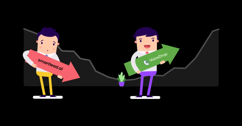 Two cartoon characters stand before a dark graph; one holds a red arrow labeled Smartlead.ai and “cold emails” pointing down, while the other holds a green arrow labeled VoiceDrop pointing up. A small plant sits between them. VoiceDrop Ringless Voicemails