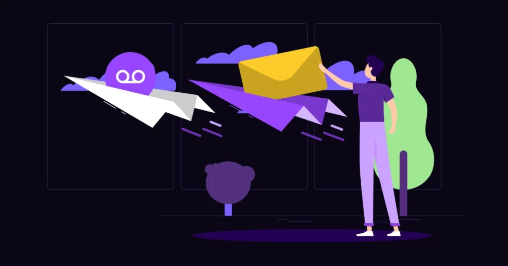 A person stands outside at night, holding a large yellow envelope toward two flying paper planes, one with a smiling purple face-symbolizing sales engagement tools like VoiceDrop. Minimalist trees and clouds complete the scene. VoiceDrop Ringless Voicemails
