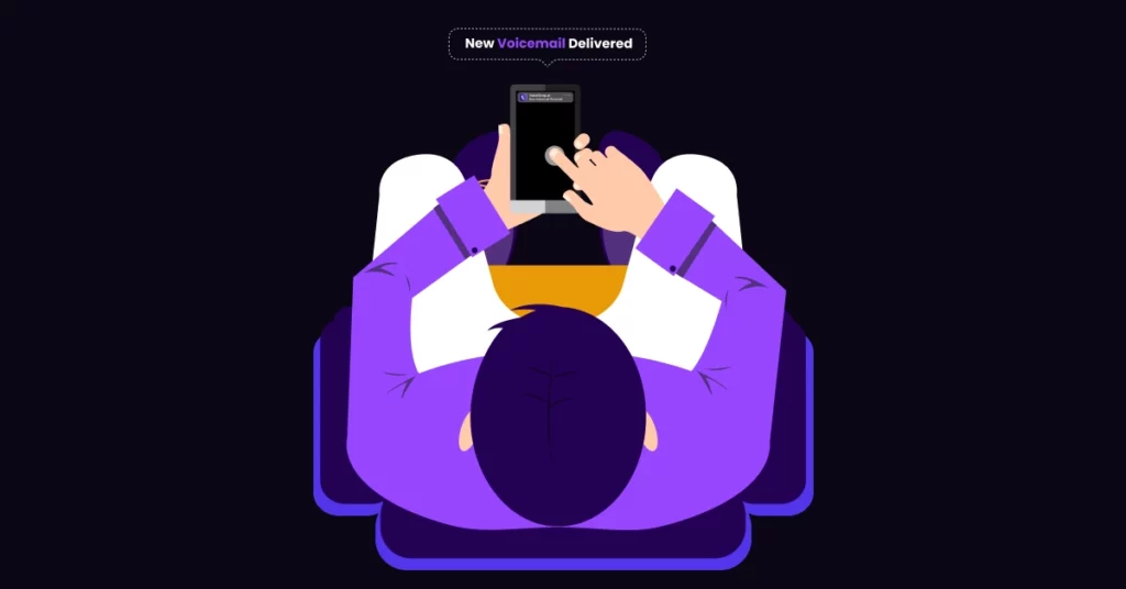 Illustration of a person in a chair, wearing a purple shirt and white pants, tapping a smartphone. A notification above shows New Voicemail Delivered-highlighting how ringless voicemails can bypass call screening. The background is dark. VoiceDrop Ringless Voicemails