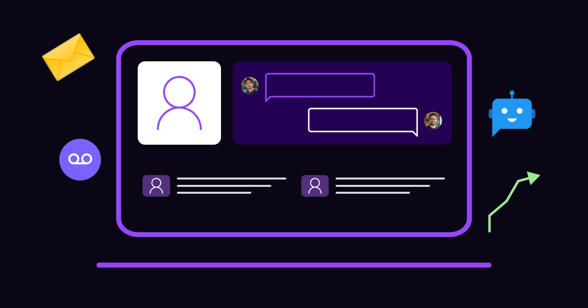 Illustration of a laptop screen displaying a messaging interface, user icons, and chat bubbles. Surrounding the laptop are icons for email, voicemail, a robot, and an upward trending arrow-signifying tools to help convert mortgage applications. VoiceDrop Ringless Voicemails