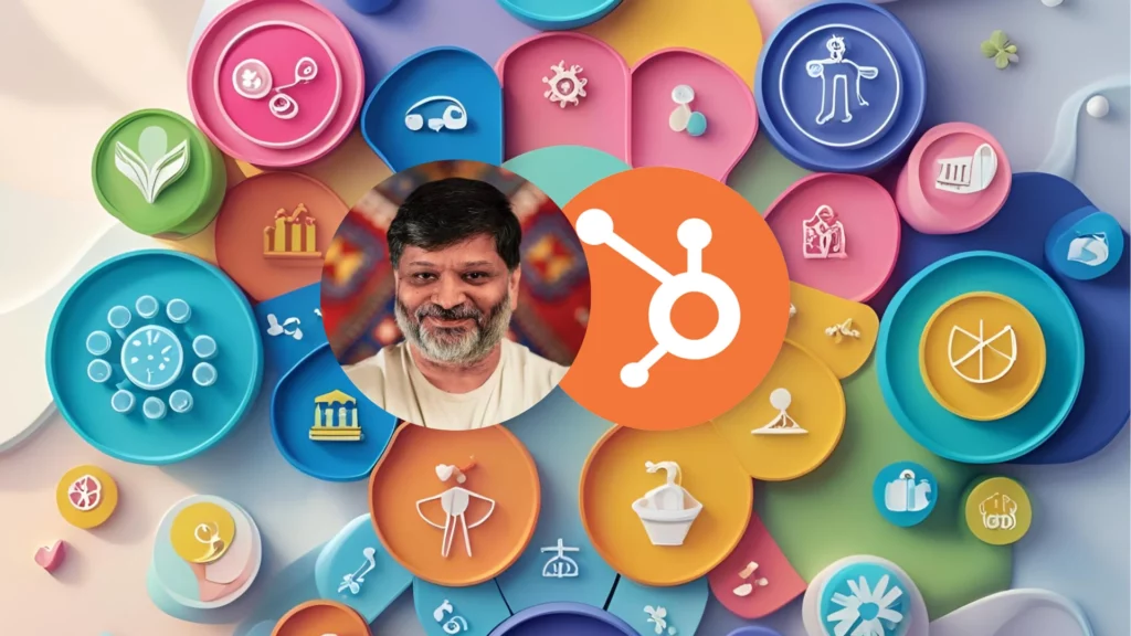 A man smiles in a circular portrait overlaid with the HubSpot logo, set against a colorful background of circles featuring Dharmesh Shah and various business and technology icons. VoiceDrop Ringless Voicemails
