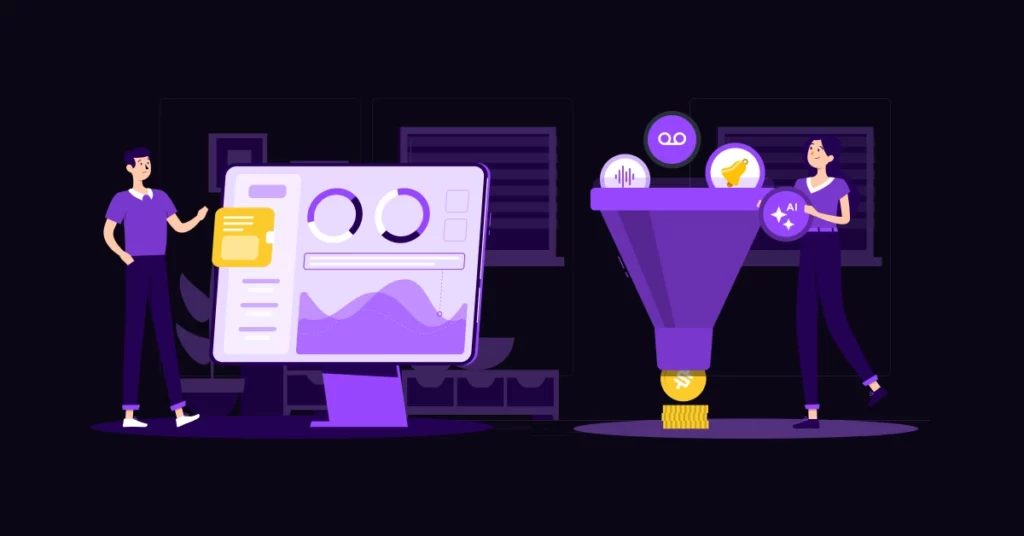 Illustration of two people analyzing data; one stands by a large digital dashboard with graphs, while the other interacts with icons above a funnel filtering data into a coin-depicting strategies to increase mortgage loan callbacks. The color scheme is purple and yellow. VoiceDrop Ringless Voicemails