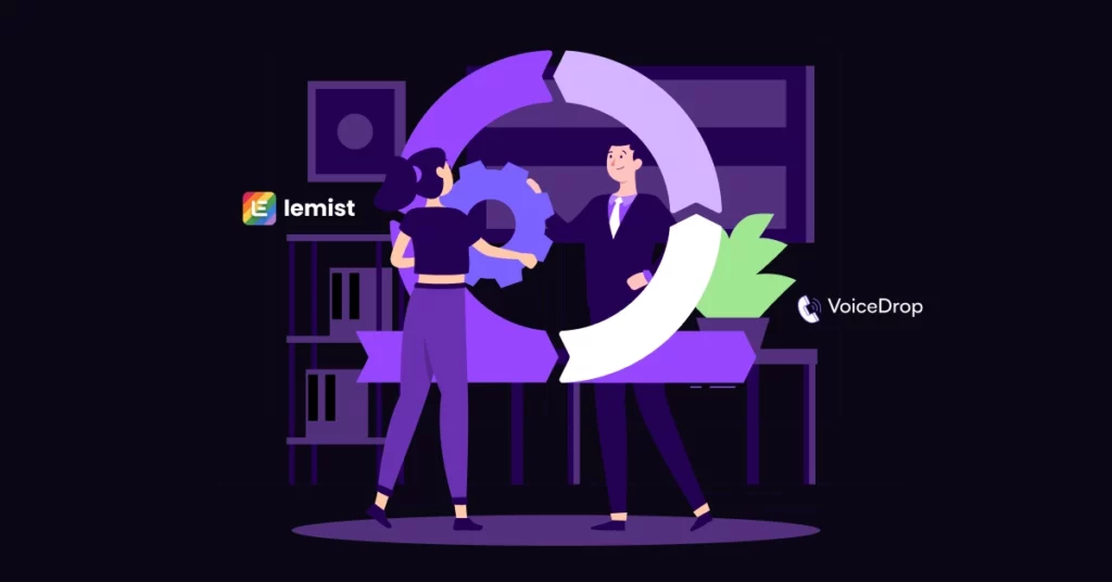 Two illustrated people stand in front of a circular flow chart with Lemlist and VoiceDrop logos, exchanging a gear, symbolizing multichannel sales outreach and seamless workflow integration in a modern office setting. VoiceDrop Ringless Voicemails