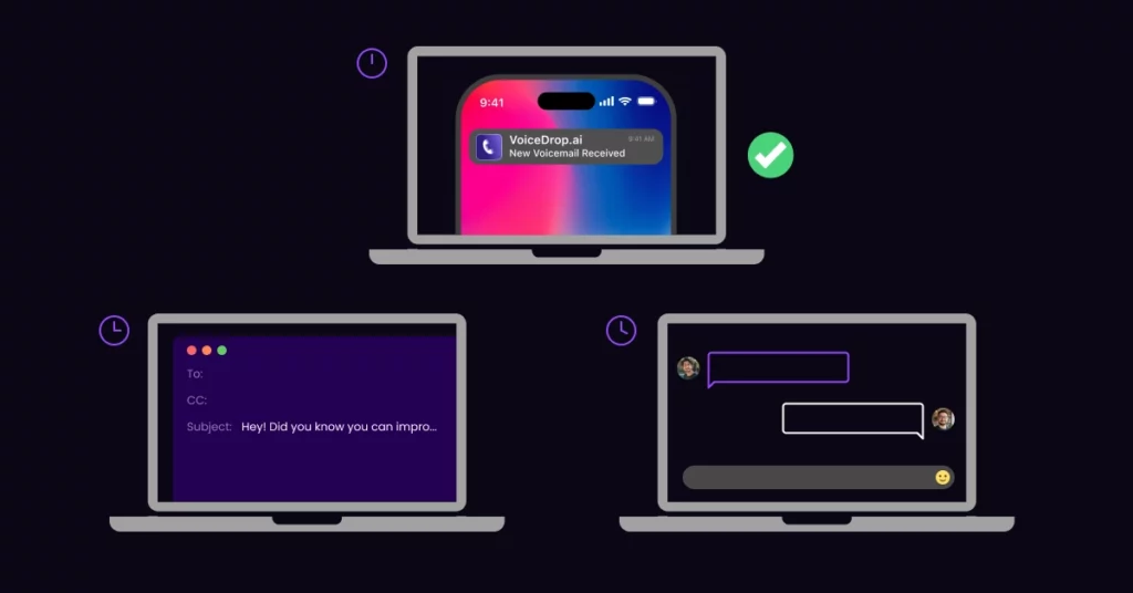 Three laptops: the top shows a phone screen with a voicemail notification and checkmark, highlighting Productivity for any Loan Officer; the bottom left displays an email draft, and the bottom right shows a chat conversation on a dark background. VoiceDrop Ringless Voicemails