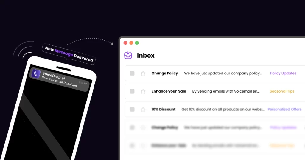 A smartphone displays a New Voicemail Received notification, while next to it, a computer screen shows an email inbox with messages about policy updates, sales tips, and Insurance Marketing strategies. VoiceDrop Ringless Voicemails
