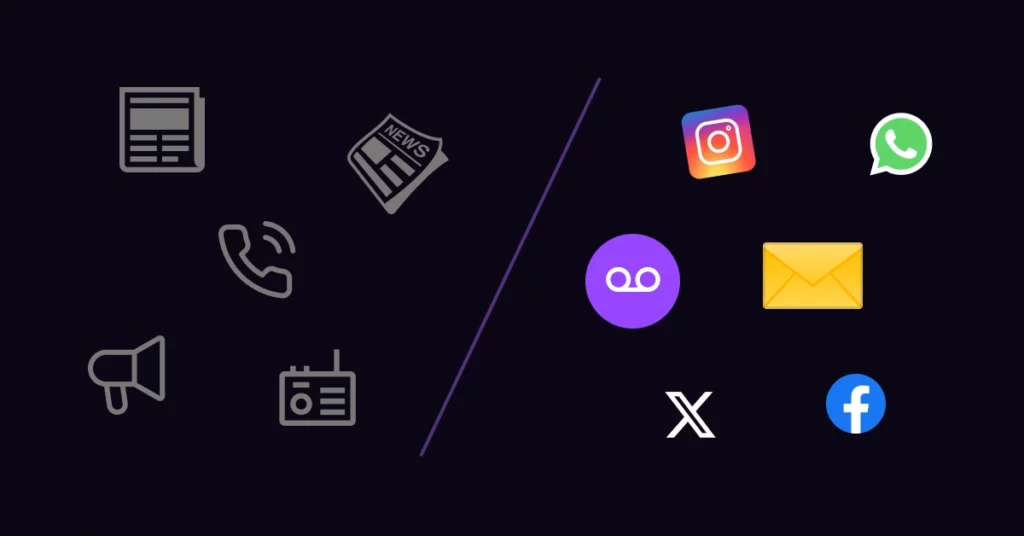 Icons of traditional communication (newspaper, telephone, radio, megaphone) on the left are split by a diagonal line from digital channels (Instagram, WhatsApp, email, Twitter/X, Facebook) on the right-highlighting modern insurance agency marketing. VoiceDrop Ringless Voicemails