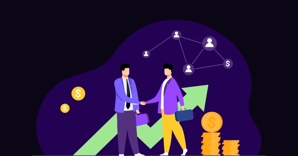 Two businesspeople shake hands in front of an upward arrow, coins, and network icons, illustrating financial growth and partnership powered by VoiceDrop to automate project workflows with platforms like Monday.com. VoiceDrop Ringless Voicemails