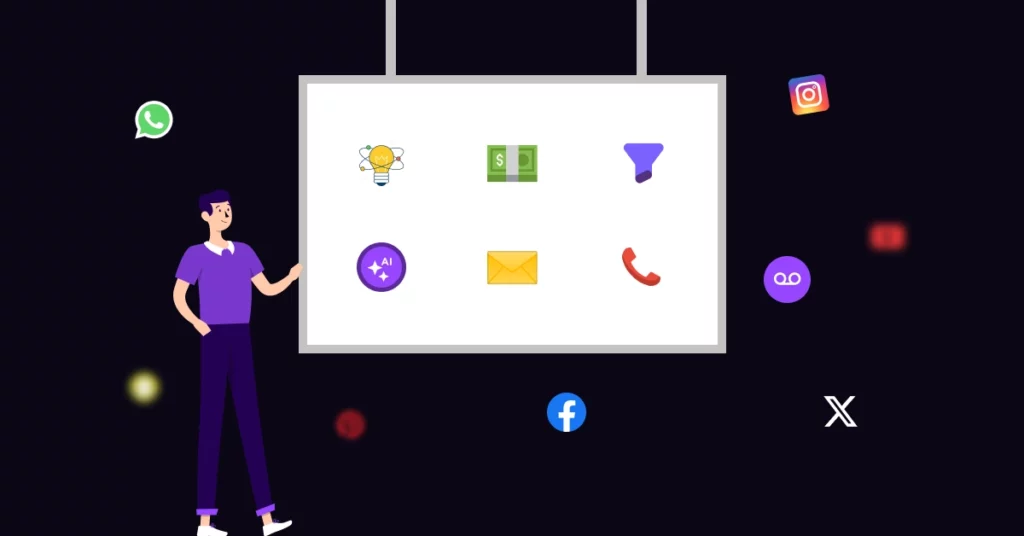 A person in purple stands by a presentation board displaying Mortgage Refinancing Lead Generation Ideas, with icons for WhatsApp, ideas, money, funnel, AI, email, phone, voicemail, Instagram, Facebook, and X (Twitter) on a dark background. VoiceDrop Ringless Voicemails