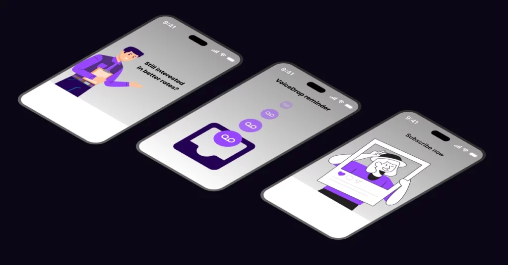 Three smartphones display screens: the first shows a person holding a tablet with Mortgage Refinancing Lead Generation Ideas, the second shows a voicemail icon with Voicemail reminder, and the third shows Subscribe now! with a smiling person. VoiceDrop Ringless Voicemails