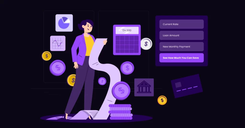 Illustration of a person holding a long receipt surrounded by coins, graphs, and dollar icons, highlighting Mortgage Refinancing Lead Generation Ideas with a loan details panel and a button labeled See How Much You Can Save. VoiceDrop Ringless Voicemails