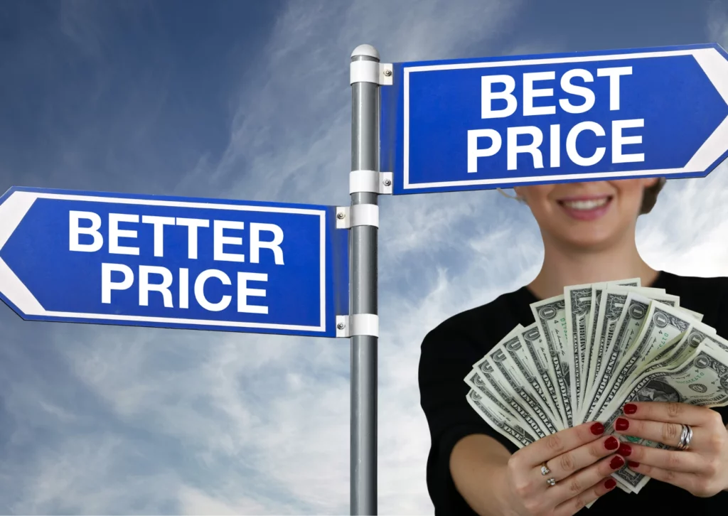 A woman holding a fan of U.S. dollar bills stands behind two street signs pointing in opposite directions labeled “Better Price” and “Best Price,” against a blue sky background, reflecting Eric Siu’s focus on smart financial choices. VoiceDrop Ringless Voicemails