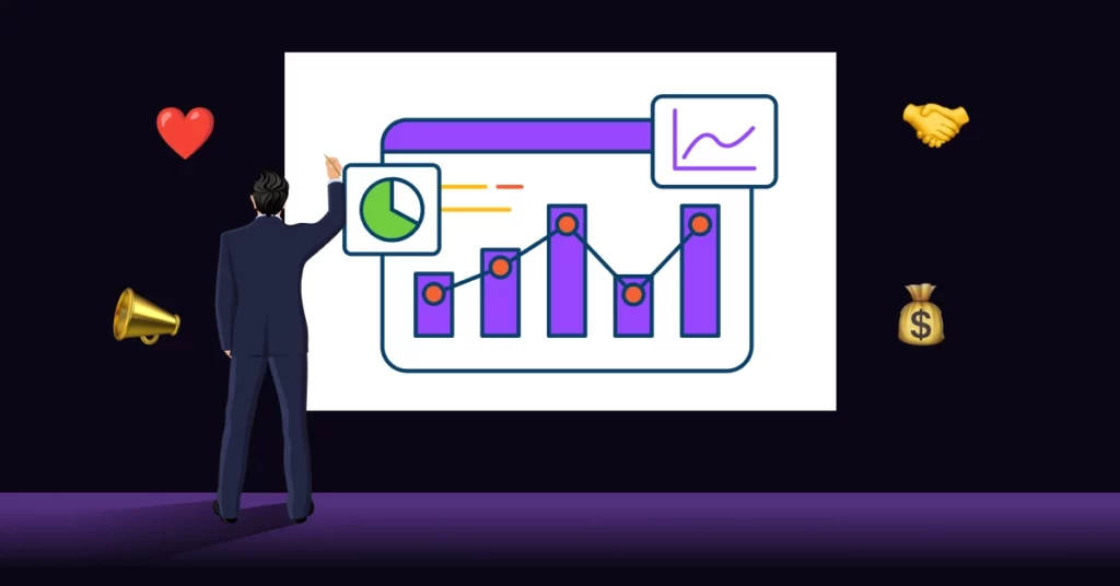 A man in a suit stands before a large screen with colorful charts and graphs, surrounded by icons of a heart, handshake, megaphone, and money bag-perfectly illustrating effective fundraising strategies for nonprofit fundraising. VoiceDrop Ringless Voicemails
