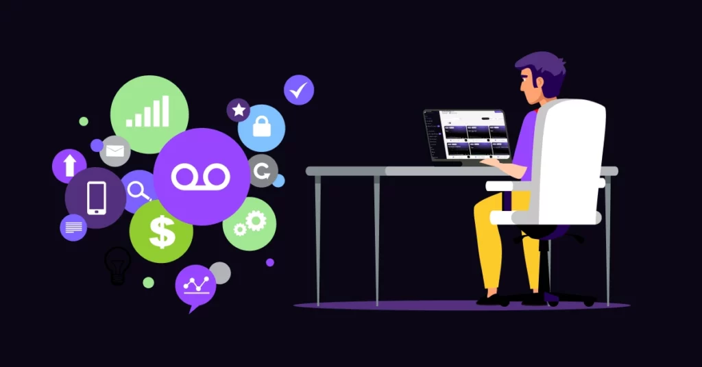 A person sits at a desk using a laptop, while colorful icons related to business, technology, and How to Raise Money Nonprofit float nearby against a dark background. VoiceDrop Ringless Voicemails