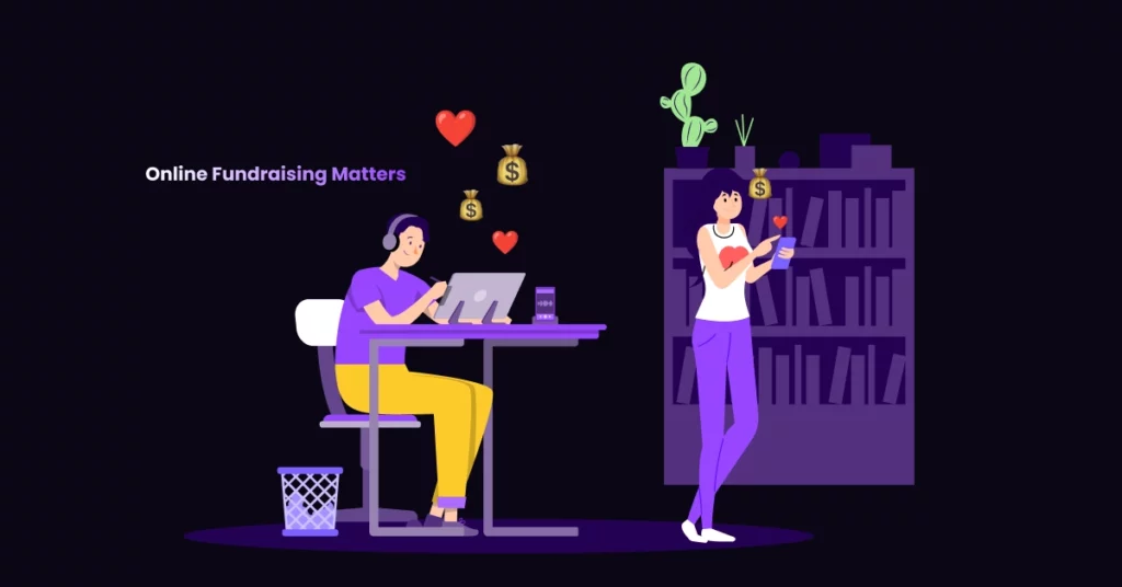 An illustration of a person at a desk with a laptop, wearing headphones, and another with a phone; both surrounded by dollar signs and hearts. The text “Online Fundraising Matters” highlights how to raise money nonprofit. Bookshelf and plant in background. VoiceDrop Ringless Voicemails