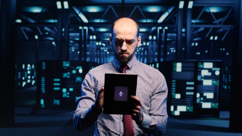 A serious man in a striped shirt and red tie stands in a server room, using a tablet with a microphone icon on its screen-reminiscent of Dharmesh Shah’s tech-driven leadership, surrounded by blue-lit server racks. VoiceDrop Ringless Voicemails